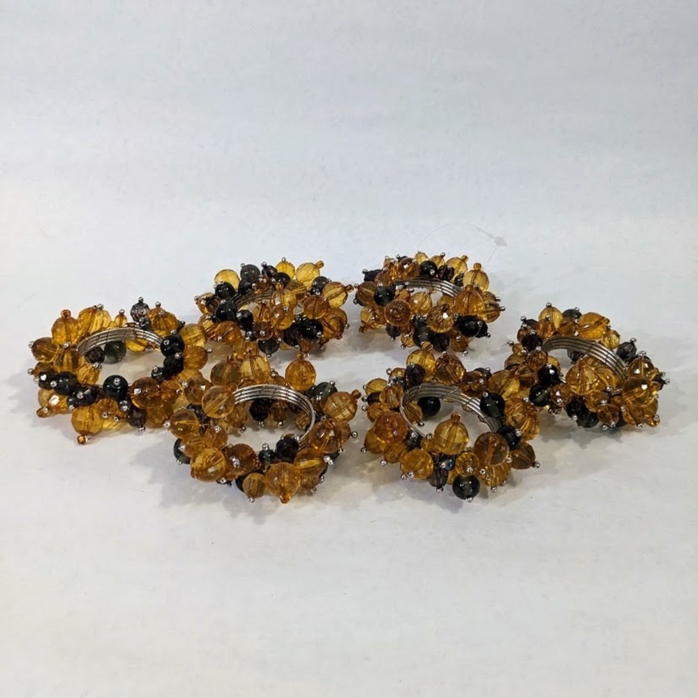Pottery Barn Beaded Napkin Rings Set of 6 Amber Smoky Quartz Glass India New